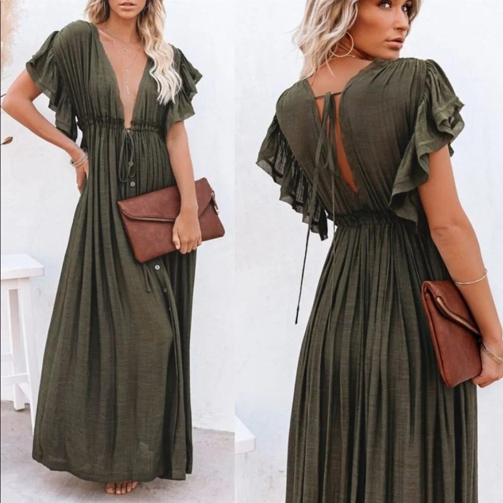 New Bohemian Long Olive Maxi Summer Dress Ruffled Sleeves - Picture 2 of 5